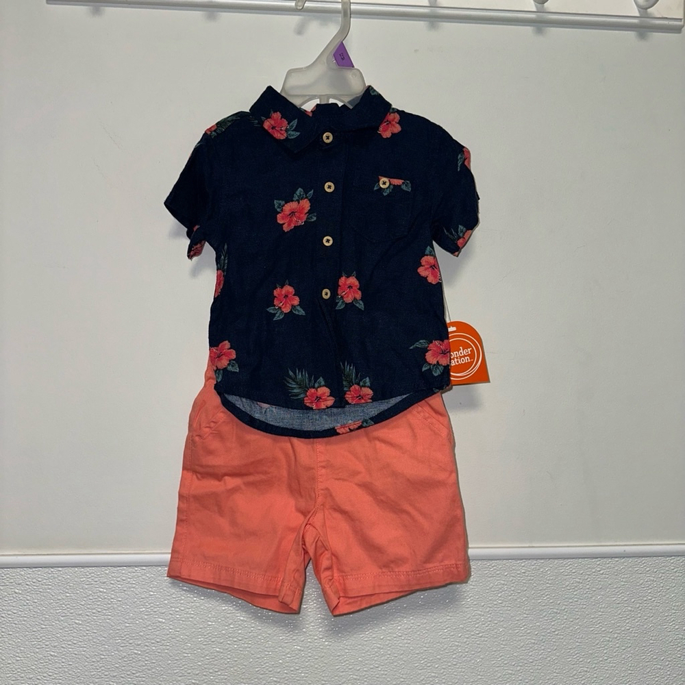 NWT NEW Baby Boy Wonder Nation Outfit 12M Navy Coral Hawaiian 2 piece Button